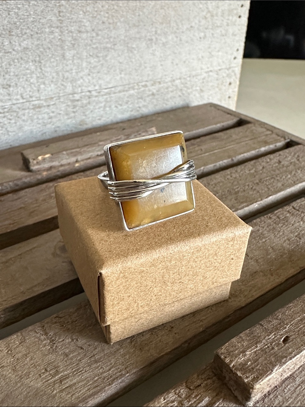 Sterling silver 925 great shape bold square artisan stamped 350 yellow ring